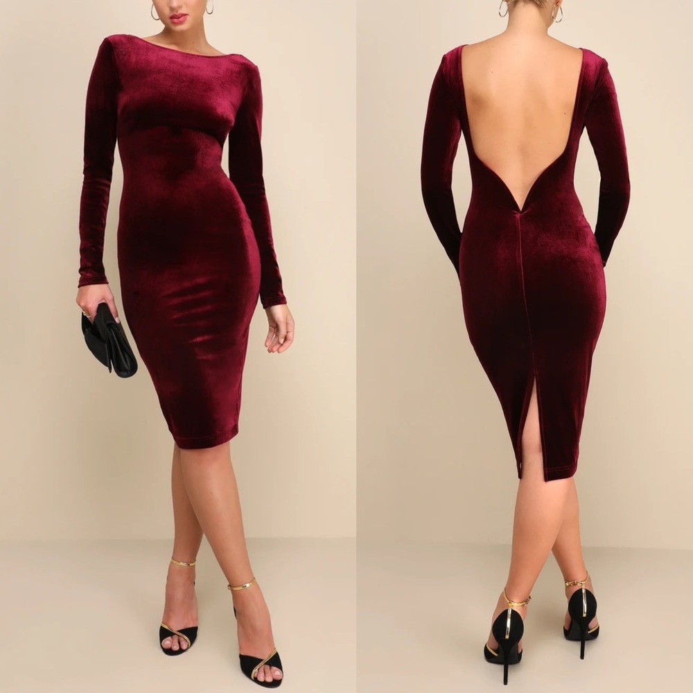 LULUS Va Va Voom Burgundy Velvet Backless Long Sleeve Midi Dress Women Small